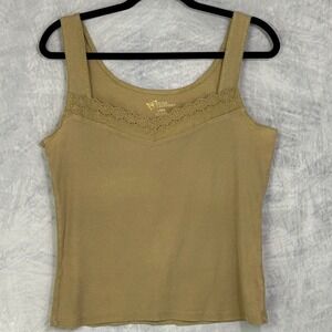 vtg y2k Natural Reflections Tan Ribbed Lace Eyelet Trim Sweetheart Tank Top sz L